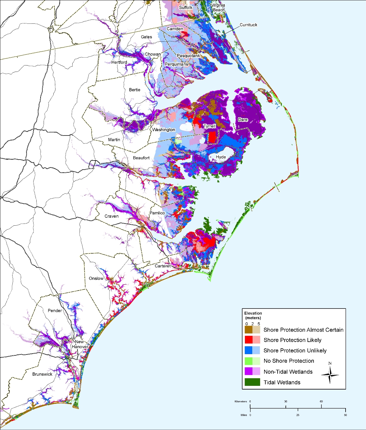 North Carolina sea level rise planning map